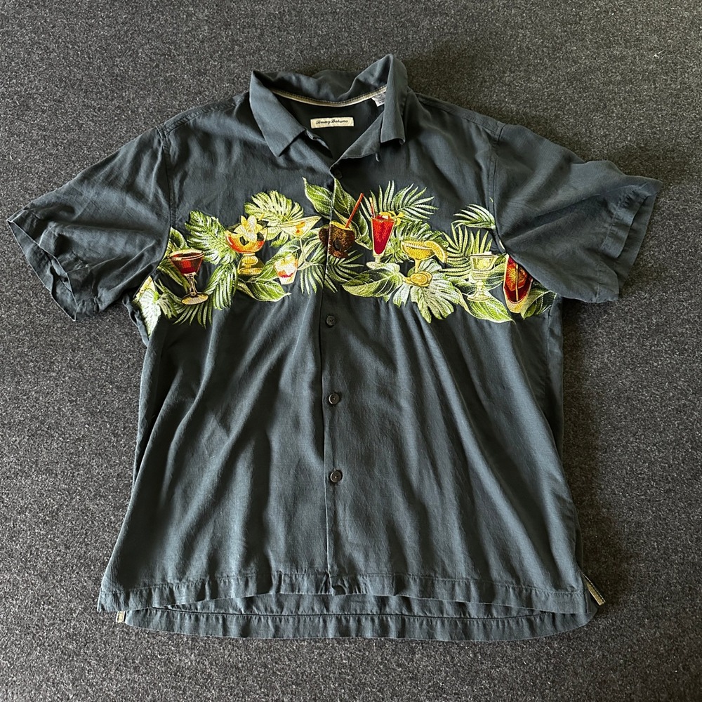 Tommy Bahama Mens XL Silk Embroidered Cocktail Tropical Camp Shirt Navy Blue